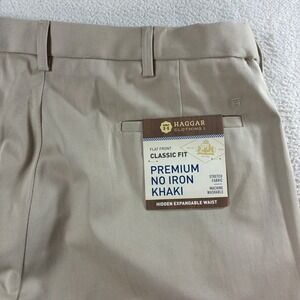 Haggar Premium No Iron Khaki Pants Mens 36x30 Beige Flat Front Stretch NWT